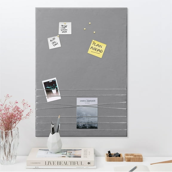 Navaris Fabric Memo Bulletin Board - 20" x 28" Velvet Memory Board for Wall to Display Photo Collages, Pictures, Notes - Includes 6 Push Pins - Gray