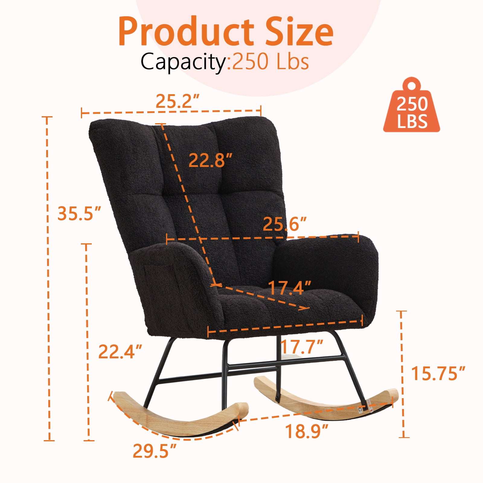 SENCHO GINSYTALIOR Nursery Rocking Chair Teddy Upholstered Glider Rocker,Rocking Accent Chair Padded Seat with High Backrest ,Solid Wood Legs for Nursery Bedroom Living Room(Black）