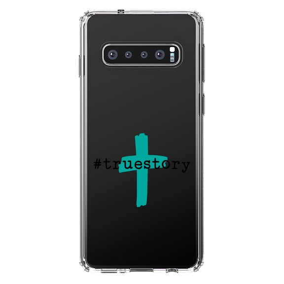 DistinctInk Clear Shockproof Hybrid Case for Samsung Galaxy S10  PLUS (6.4" Screen) - TPU Bumper Acrylic Back Tempered Glass Screen Protector - #truestory - Cross - Christian - Teal