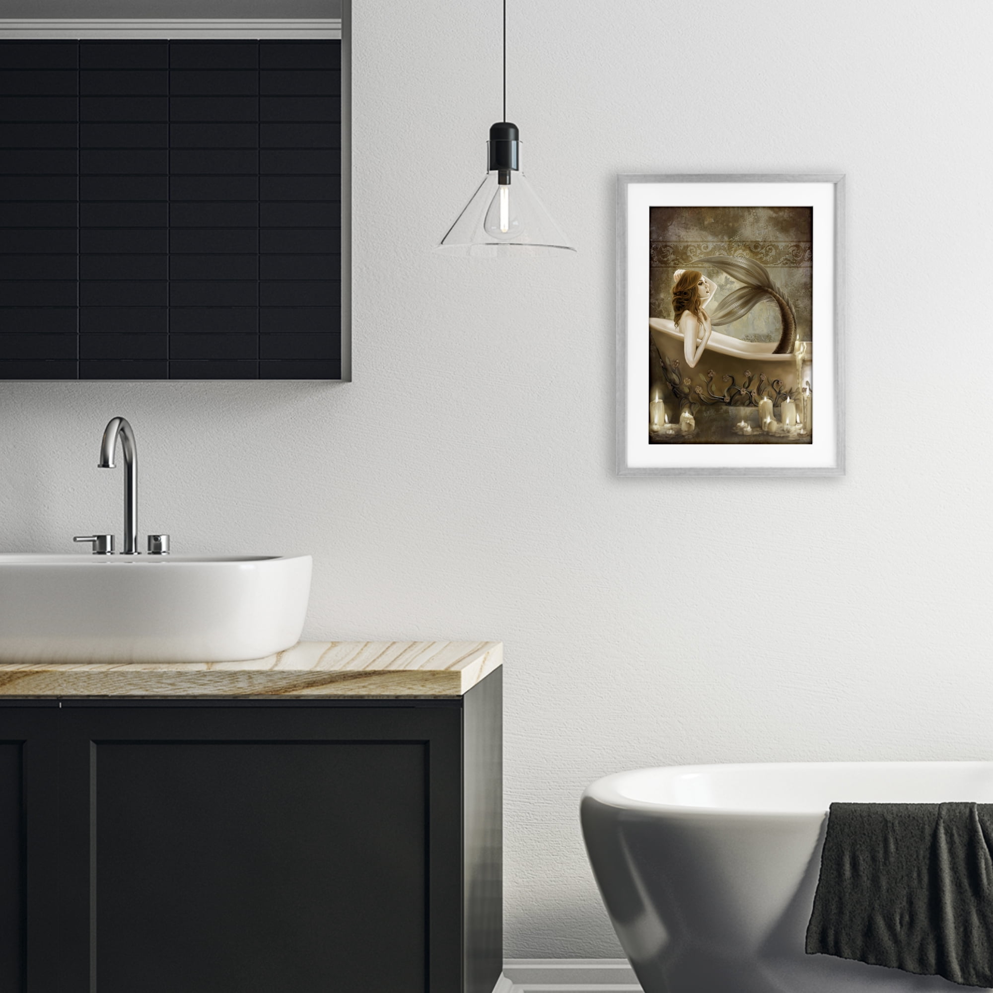 Stupell Industries Sepia Bath Time Mermaid Gray Framed Print Under Glass, design by Selina Fenech
