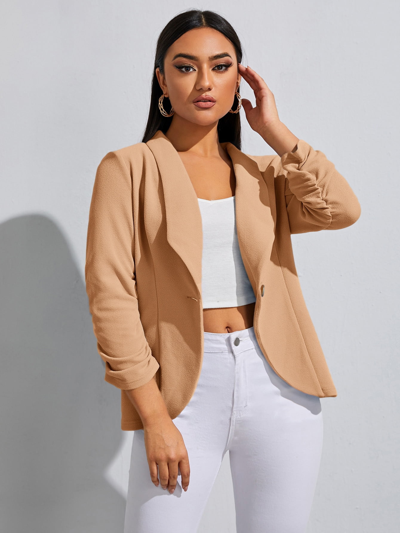 Ruched Cuff Single Button Blazer 