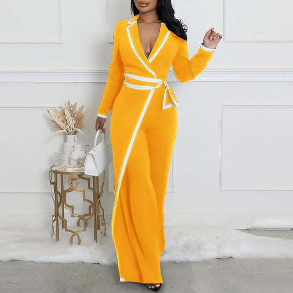 Mceream Wrap Front Jumpsuits for Women Contrast Paneled Long Sleeve Notched Collar Padded Shoulders Casual Jumpsuit Yellow S