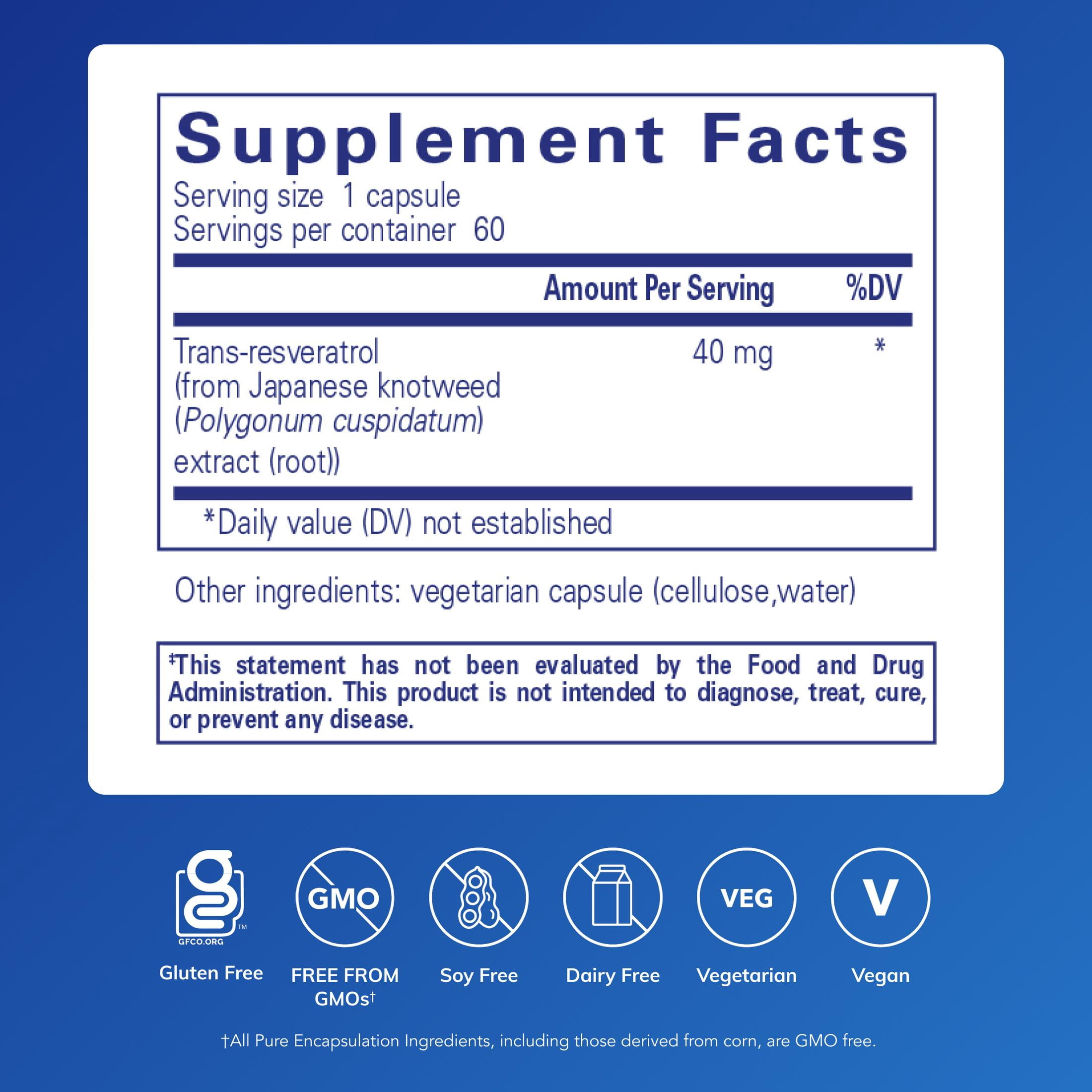Pure Encapsulations Resveratrol - Cardiovascular, Cellular Health & Memory Support* - 40 mg Trans-Resveratrol - Antioxidants Supplement - Gluten Free & Non-GMO - 60 Capsules