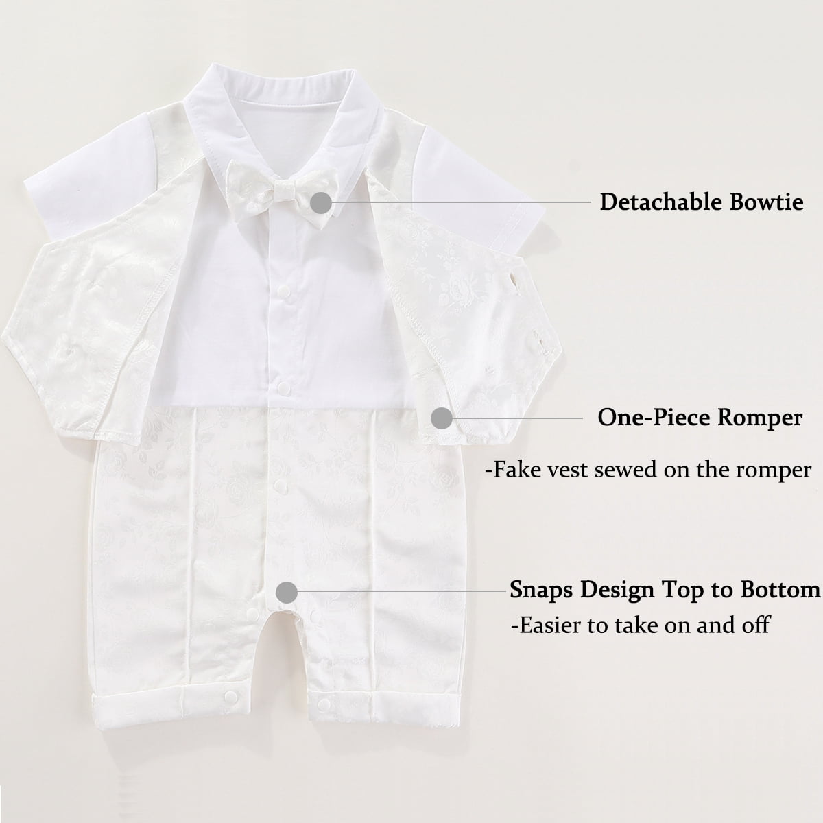 Hresadio Baby Boy Baptism Clothes Christening Outfit Bowtie Tuxedo Jumpsuit Overall Romper White
