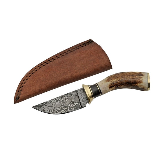 SANZ 7.25 Inch Fixed Blade Skinner Hunting Knife 3.25 Inch Damascus Steel Blade Stag Handle Brass Guard with Leather Sheath Outdoor Utility Knife