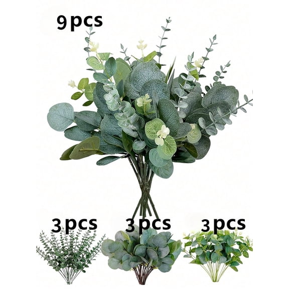 Homlyo 9Pcs 3 Kinds Mixed Eucalyptus Stems Artificial Silver Dollar Eucalyptus Leaves Picks, Seeded Faux Greenery Stems Bulk for Centerpieces Wedding Bouquets Floral Arrangement Home Decor