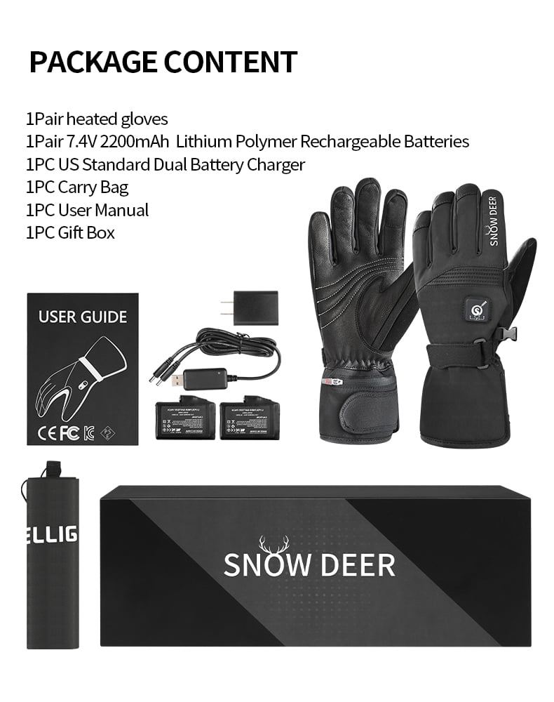 SNOW DEER Rechargeable Heated Gloves for Men & Women - 7.4V 2200mAh Battery, Waterproof, Touchscreen - Ideal for Skiing, Cycling, Hunting & Winter Adventures