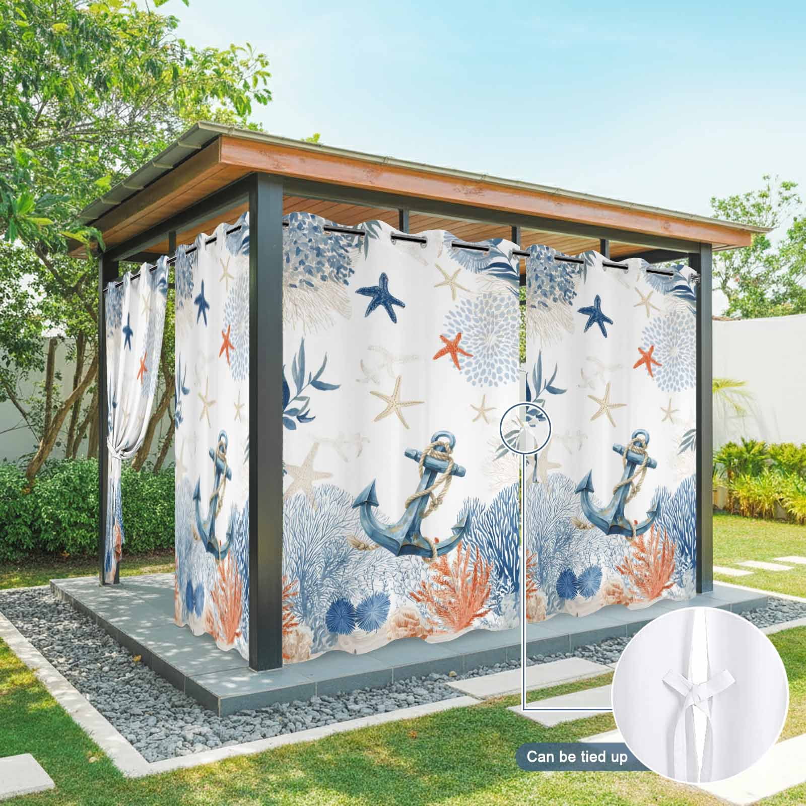 Ocean Anchors Outdoor Curtains for Patio, Orange Blue Summer Sea Corals Shells Starfish Sunshade Privacy Drapes Grommet Waterproof Outside Curtains for Porch/Cabana/Balcony 54"x 108", 1 Panel