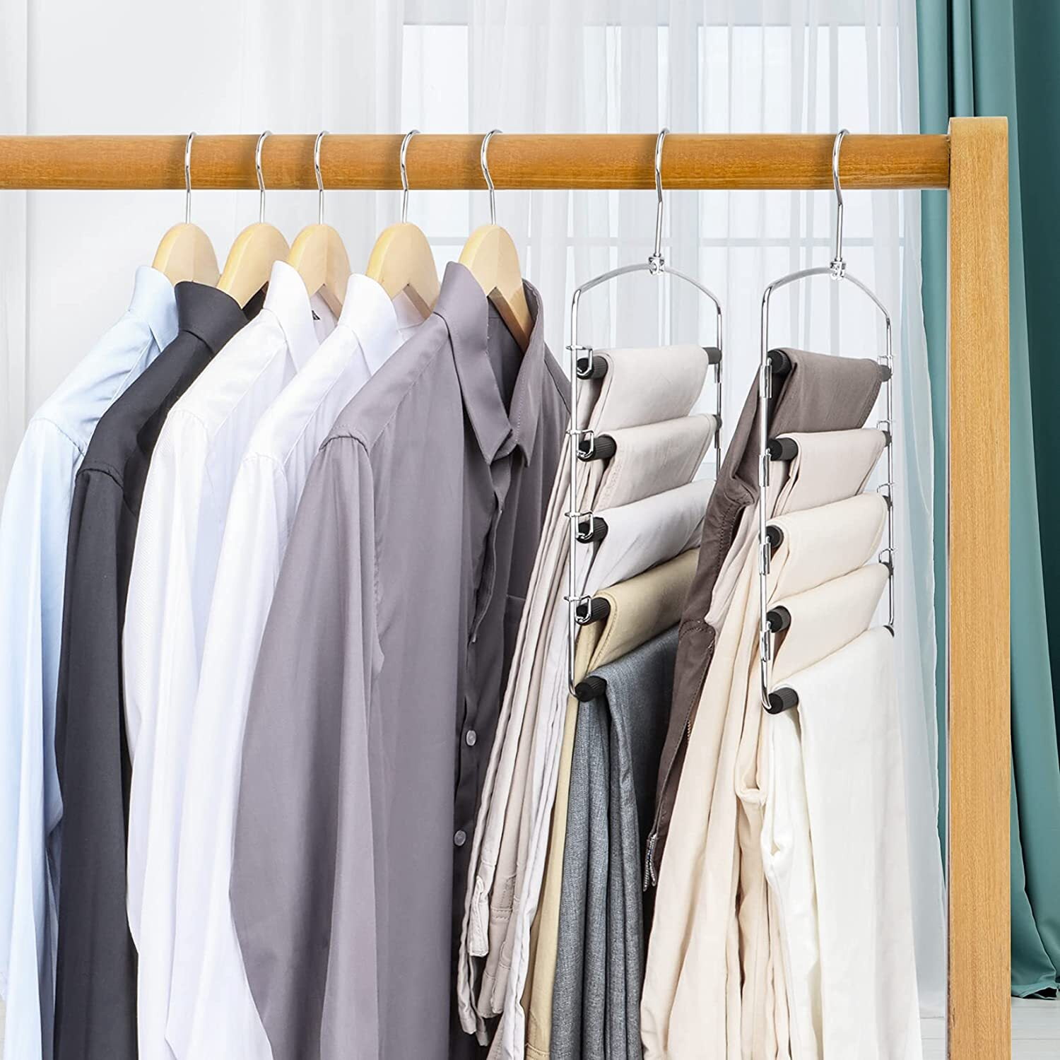 Clothes Pants Slack Hangers Closet Storage Organizer Non Slip Space Saving Hanger with Foam Padded Swing Arm for Pants Jeans Scarf Trousers Skirts (3pcs Black)