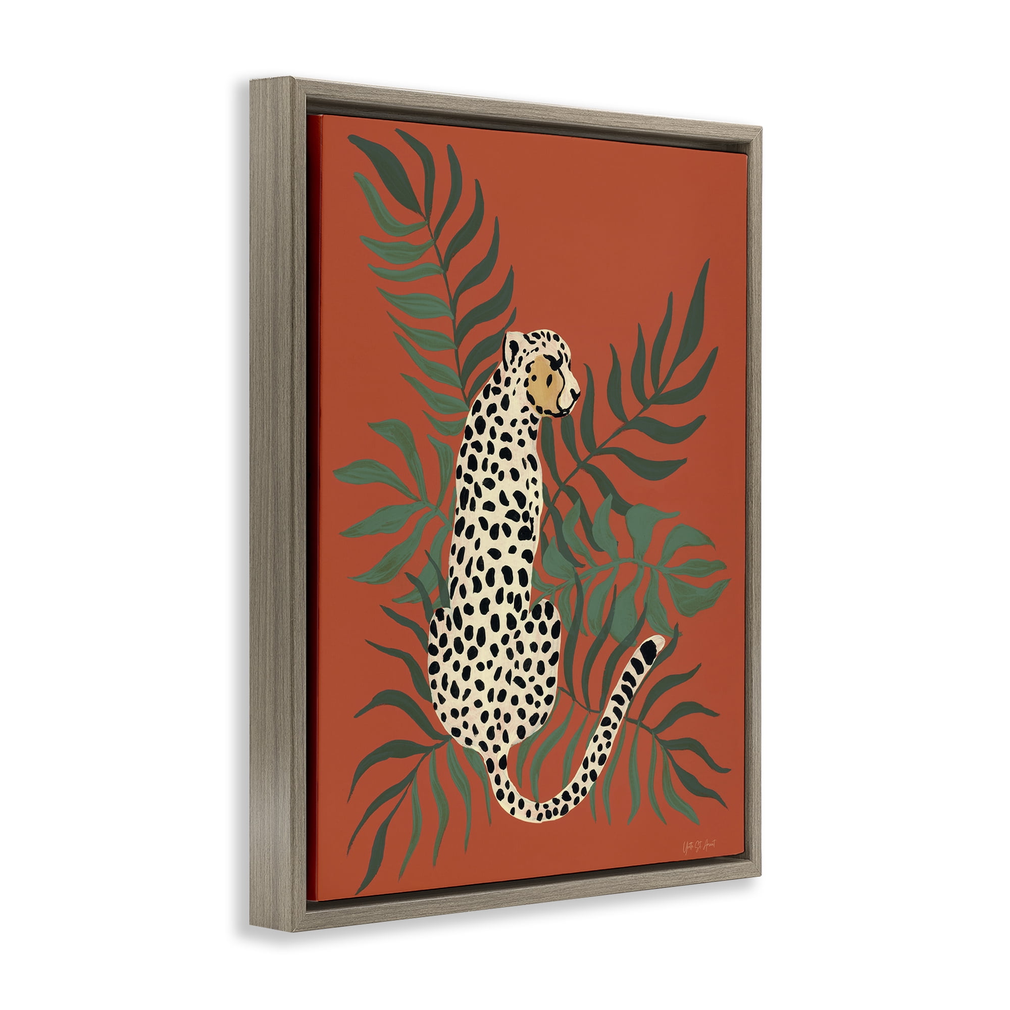 Stupell Industries Leopard & Palm Leaves Animals & Insects Painting Brown Floater Framed Canvas Art Print Wall Art, 25 x 31