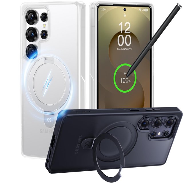 Funda para teléfono móvil patentada por CASEKOO con forma de anillo magnético para Samsung Galaxy S25, color blanco ultra translúcido