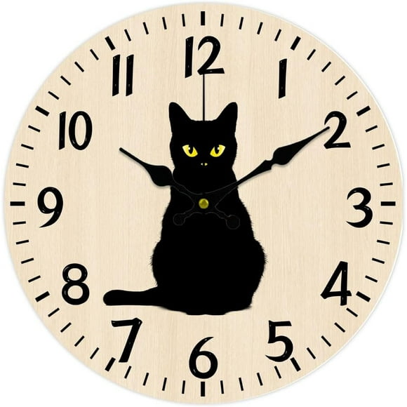 Black Cat Wall Clock Wall Clock Non-Ticking Clock Round Decorative Wall Clocks Printed Clocks for Home Living Room Bedroom Home Office Decoration