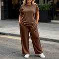 thumbnail image 5 of Women's 2 Piece Pants Set Plus Size Summer Lounge Outfits Short Sleeve Crewneck Tops and Wide Leg Sweatpants (1XL, Brown), 5 of 8