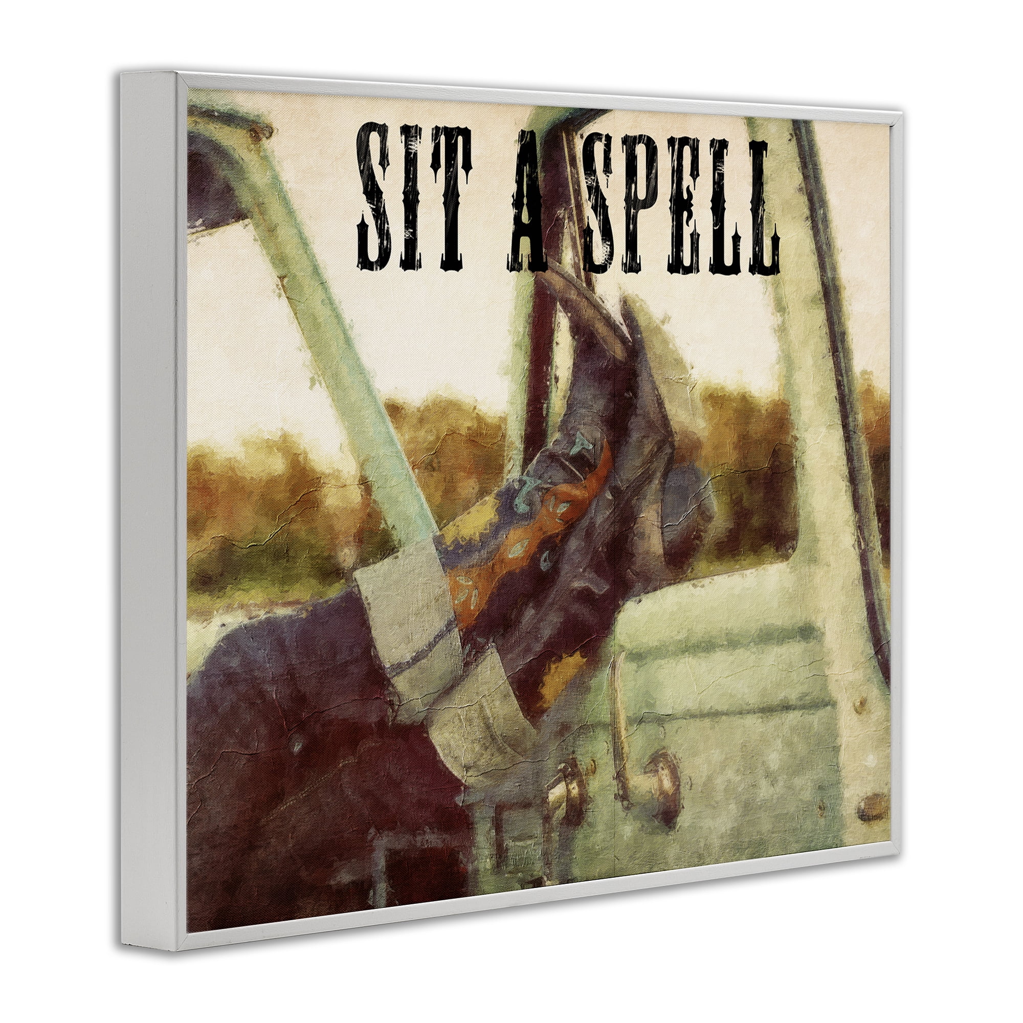 Stupell Industries Sit A Spell Cowboy Typography Painting White Framed Art Print Wall Art, 14 x 11