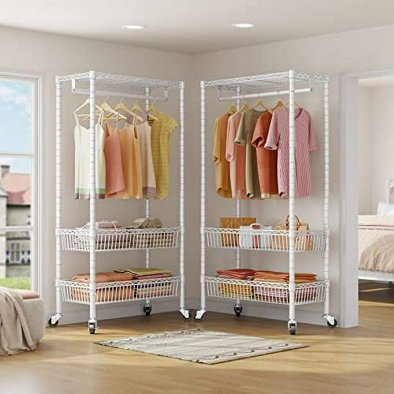 KHBIULIFE R2 Medium Wire Garment Rack Heavy Duty Rolling Clothes Rack for Hanging Clothes Portable Closet Rack with Hanging Rod Clothing Racks with