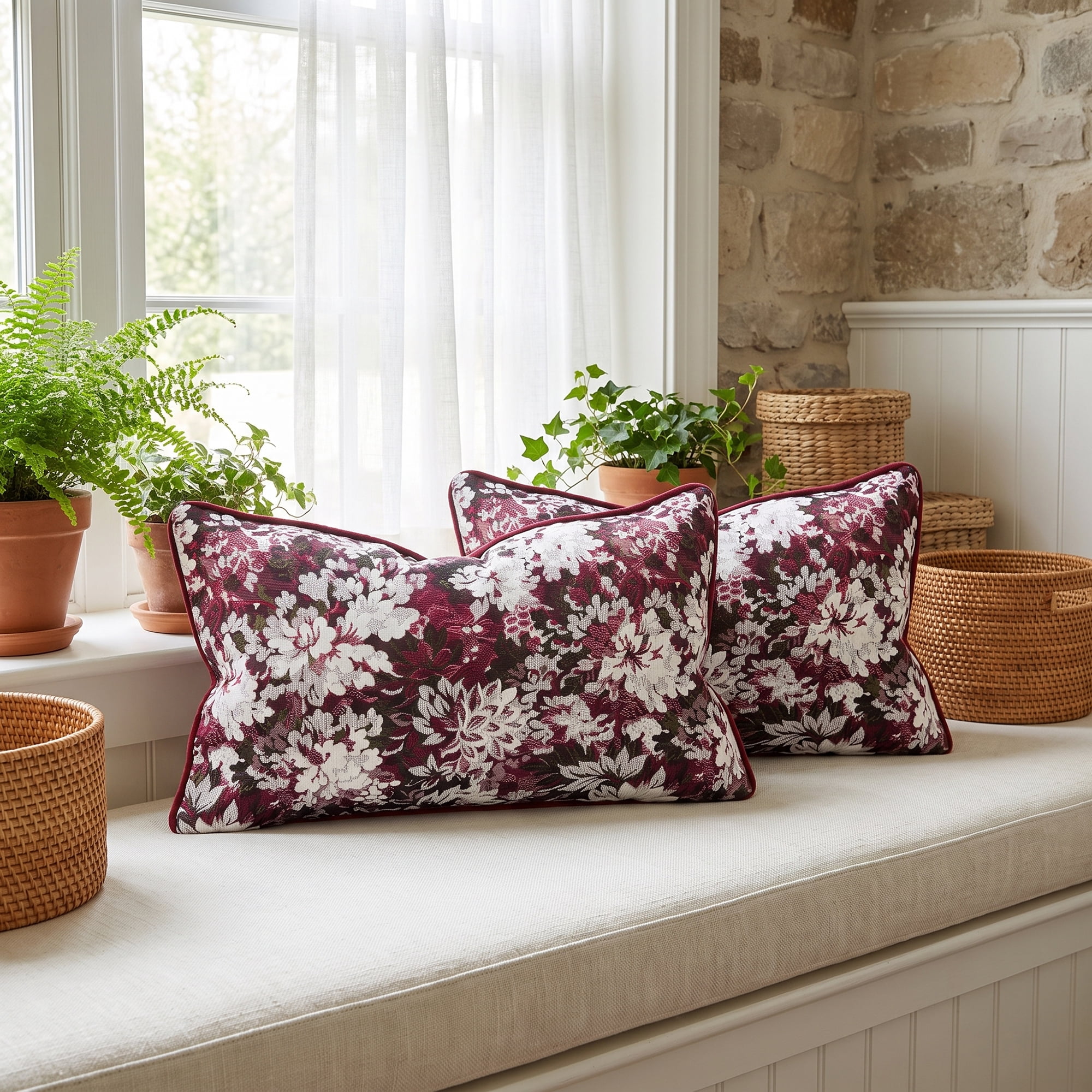 Unique Bargains Floral Throw Pillow Cover with Piped Edge Decor Cushion Case Red 20" x 12"