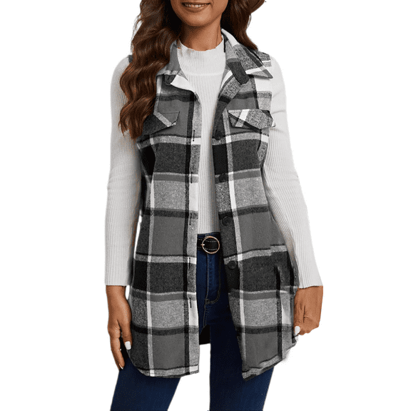 Mashaouyo Clearance Women Plaid Vest Lapel Open Front Sleeveless Jacket Outerwear Cardigan with Pockets