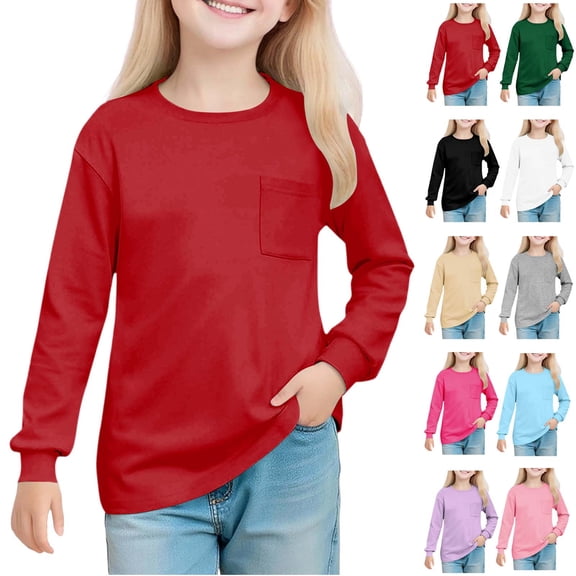 Ashirexll Girls Long Sleeve Shirts Solid Color Round Neck Long Sleeve Pullover Top for Big Girls Casual Style