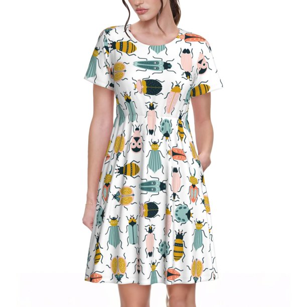 Easygdp Colorful Insects para Vestido Transpirable de Mujer, Vestido Suelto de Manga Corta con Pliegues y Bolsillos para el Verano