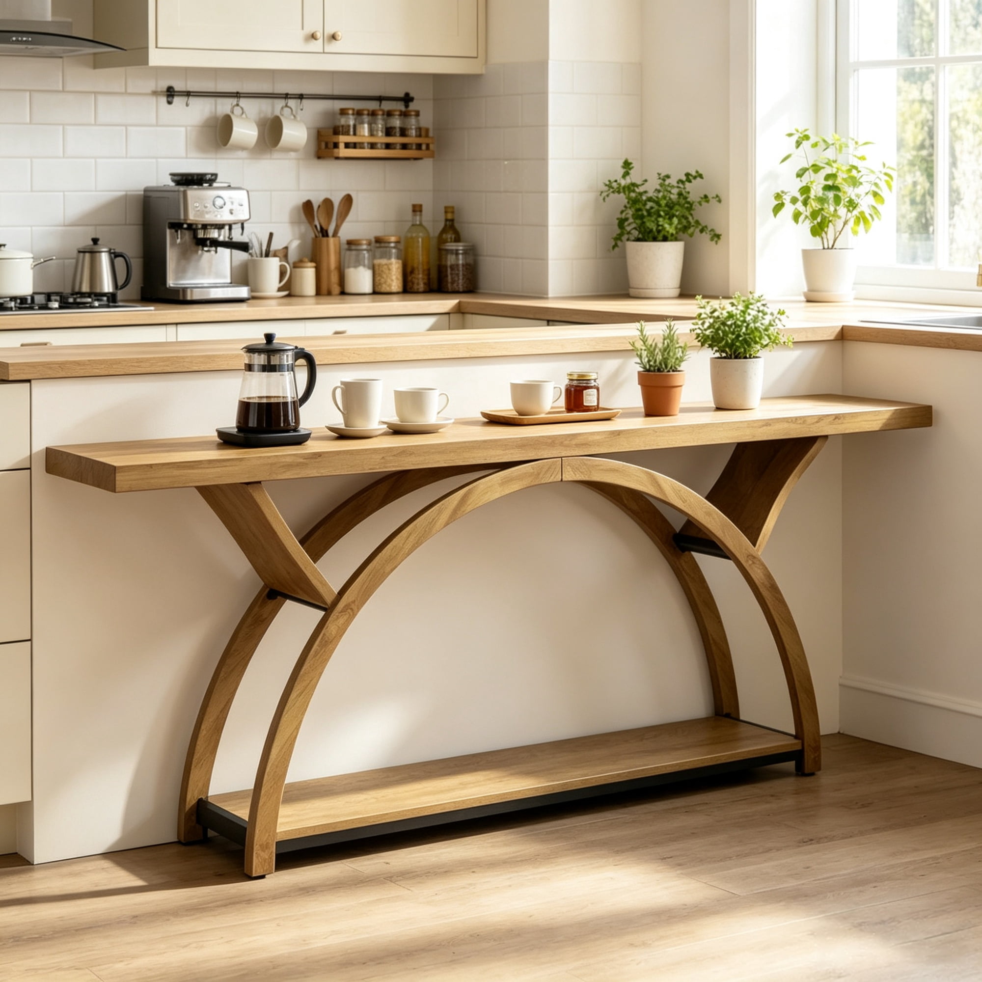 71 Inch Half Moon Console Table with 2 Tier Storage Shelves, Entryway Table