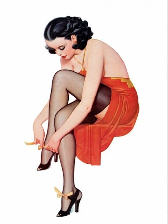 Pin Up Girl Brunette Tying Her Black High Canvas Art - (36 x 54)
