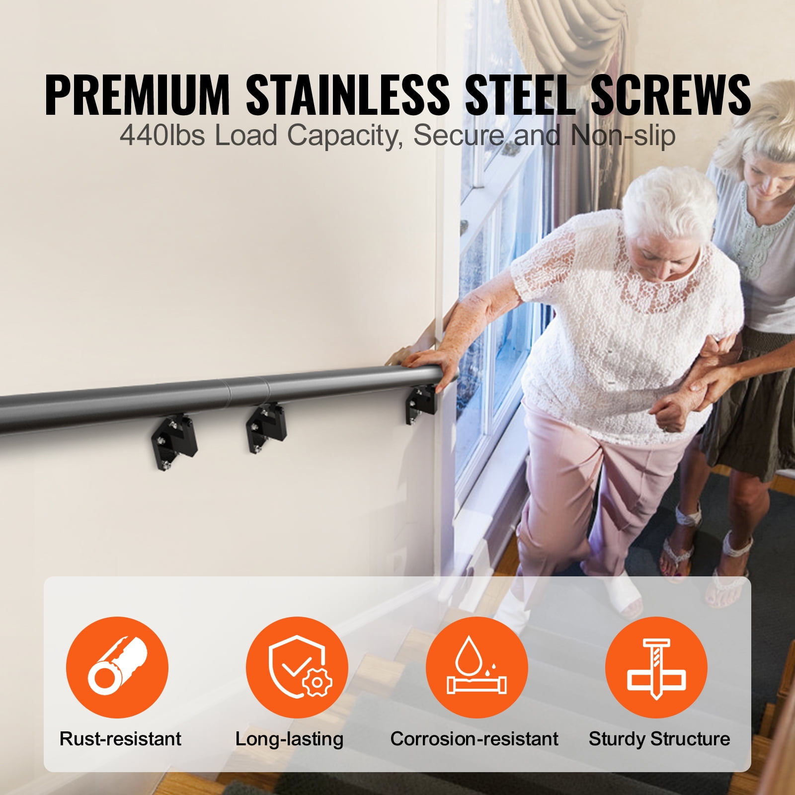 VEVOR 12 ft Wall-Mount Handrail Stair Railing Aluminum Alloy w/ Installation Kit