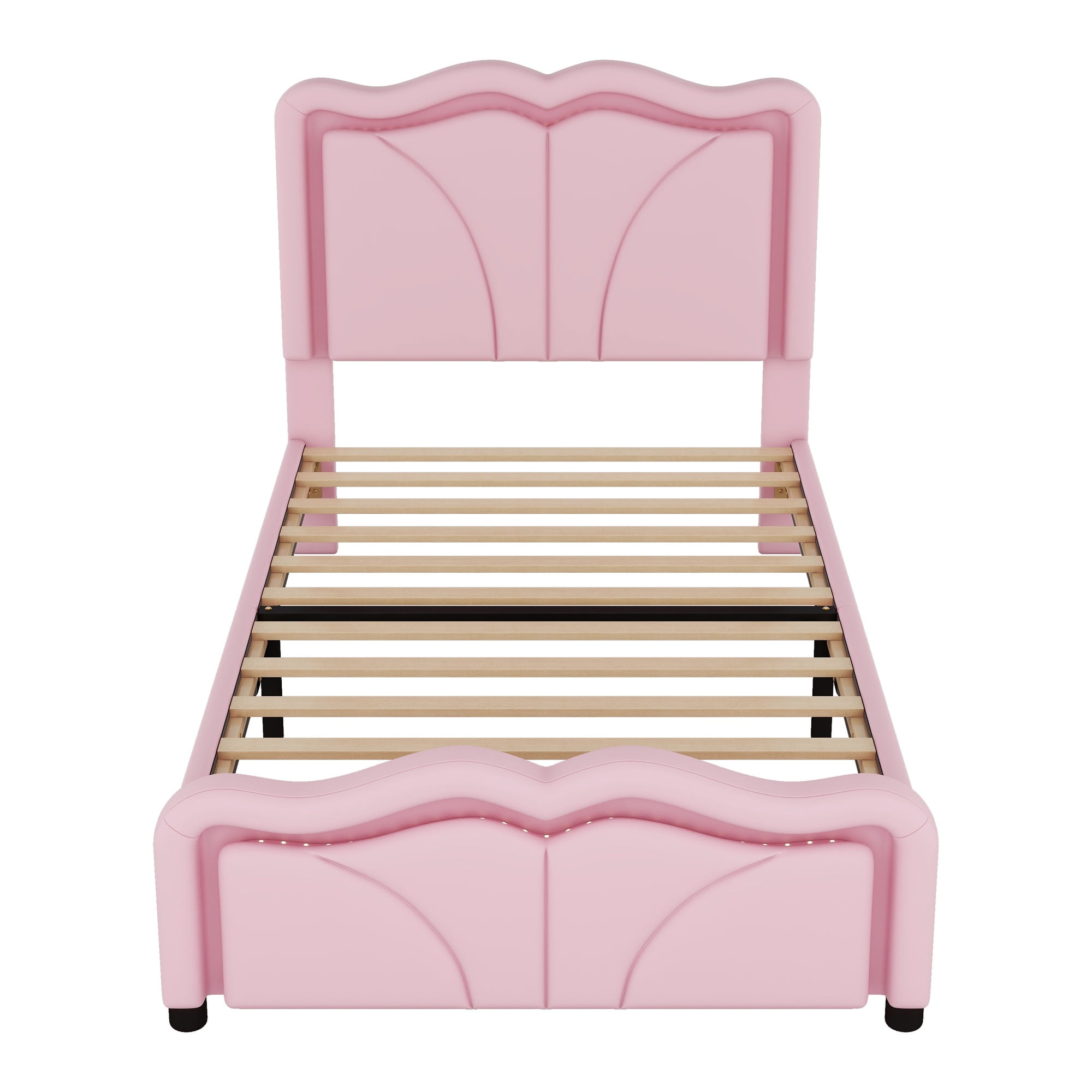 PAPROOS Twin Size LED Bed Frame, PU Leather Upholstered Bed, Wood Platform Bed with Soft Cushioned Headboard, Princess Bed, Pink