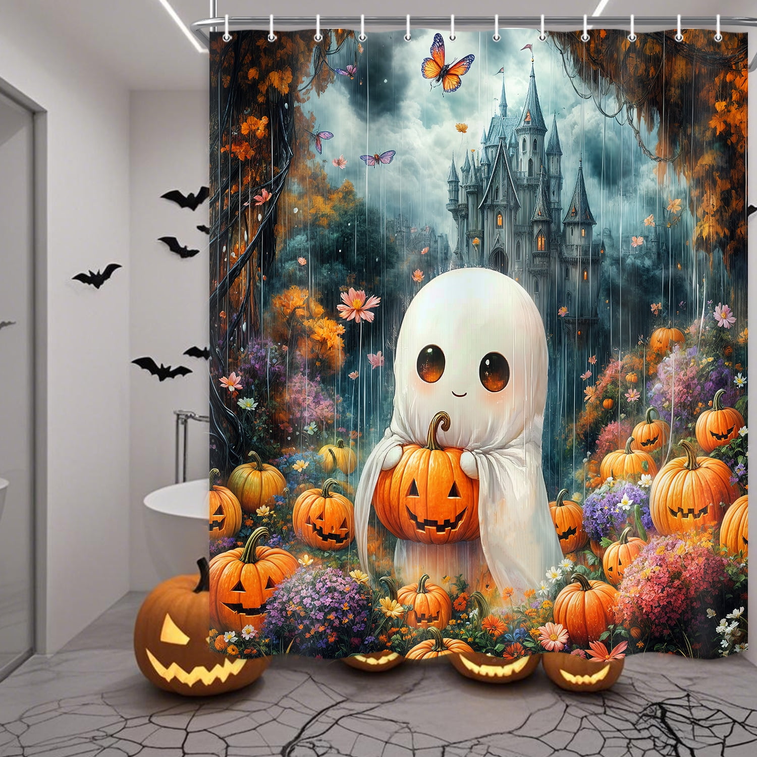 Fall Halloween Shower Curtain, Cute Spooky Halloween Ghost Castle in the Rain Bath Curtain, Funny Gothic Pumpkins Floral Waterproof Shower Curtain Set with Hook, 72X72in