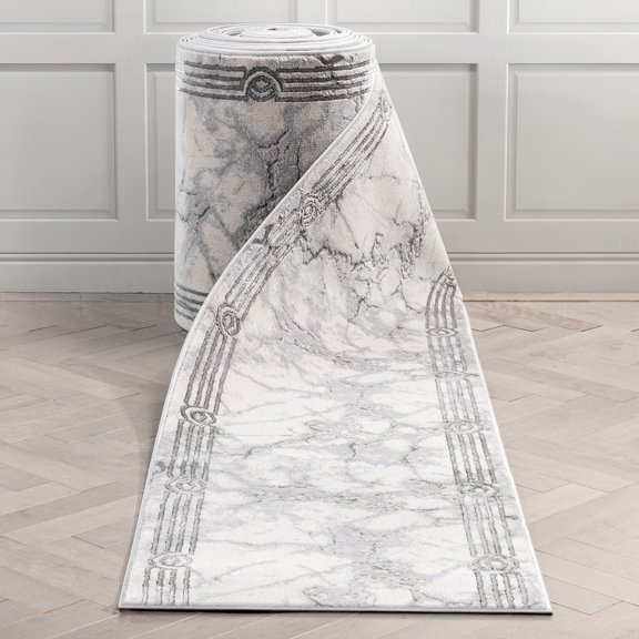 Well Woven Custom Size Indoor/Outdoor Runner - Choose Your Length - Lezlee Ivory Retro Border Marble Pattern 27 Inches Wide x 70 Feet Long Runner (27" x 70' Runner) Rug