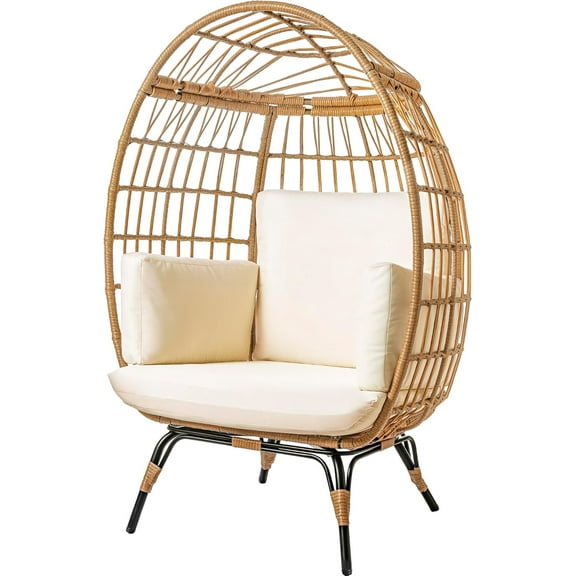 Wicker Egg Chair – PE Rattan Patio Chair with Steel Frame & Ivory Cushion – Perfect for Backyard, Balcony, Garden & Indoor Lounging MAPLE 99