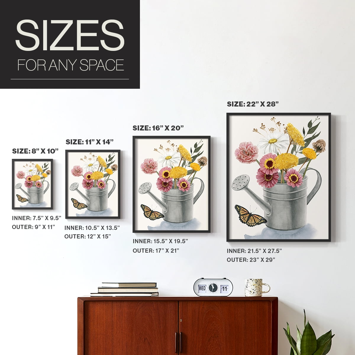 Watering Can Bouquet I Framed Print in Black Solid Wood 11 x 14 Framed Print
