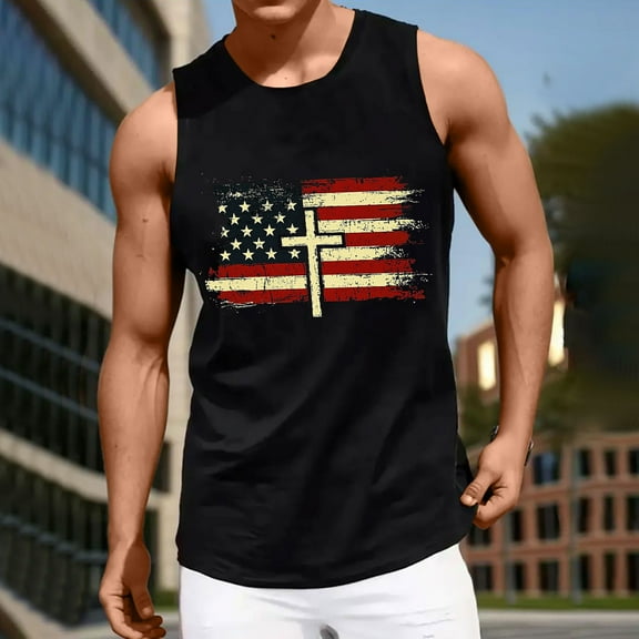 Delliss Men's Cotton Fashion Independence Day Vest Sleeveless 4th of July Crew Neck Solid Color Basic Top