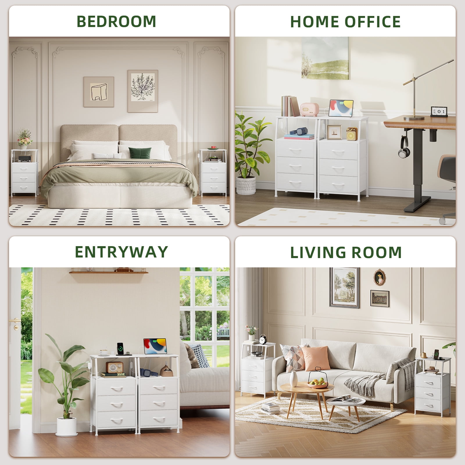 Eunos White Small Nightstand with Charging Station, 3 Drawer Bedside Table Set of 2 for Bedroom, Living Room