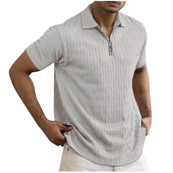 Dagegui Men's Textured Knit T Shirt Gray Short Sleeve Turndown Collar Tshirt 1/4 Zip Up Slim Fit Tops Summer Solid Color Pullover Tee S