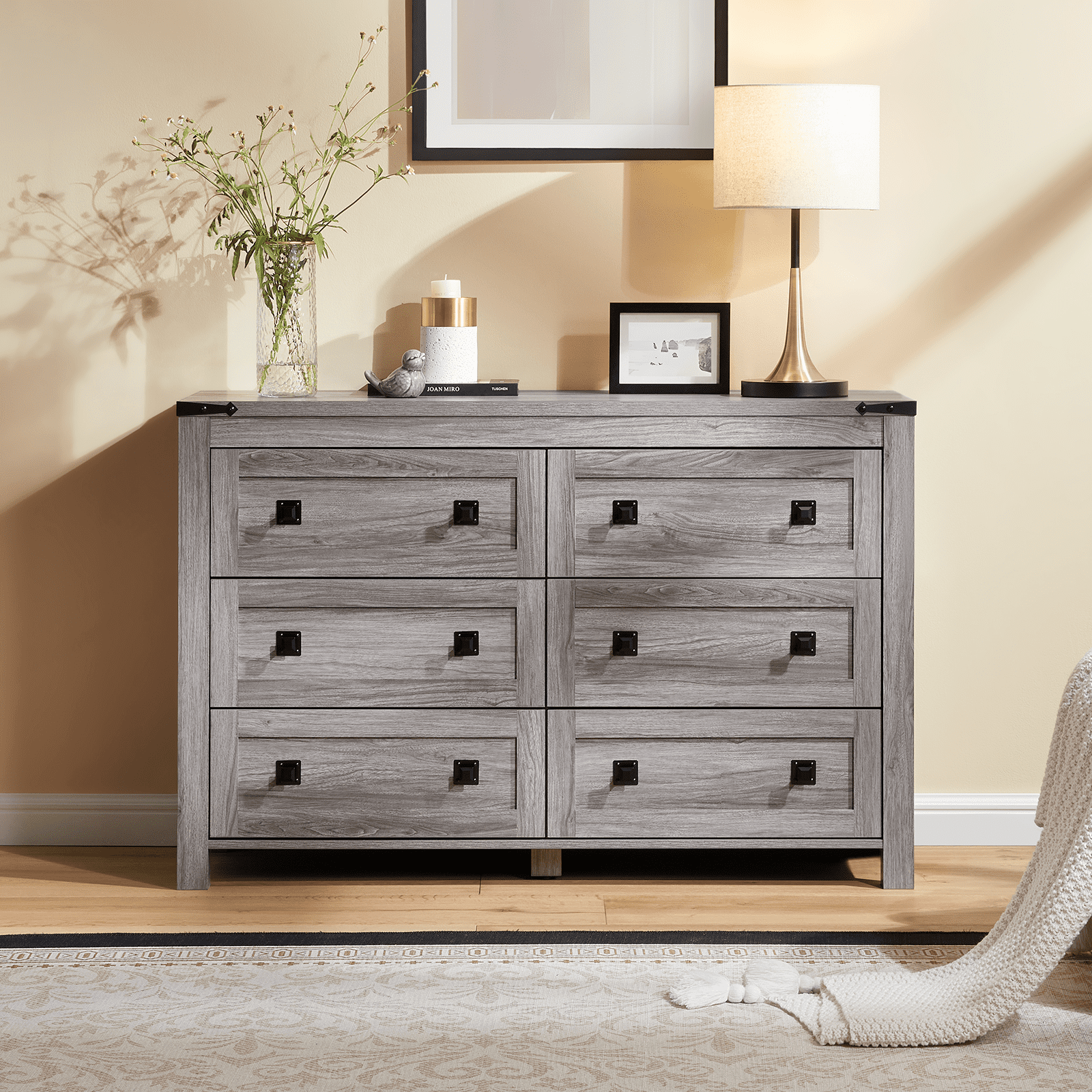 CHITOOMA Wooden Dressers for Bedroom 6 Drawer Adult, 47.2" Storage Cabine with Double Handle, Chest of Drawers for Living Room Hallway, Gray