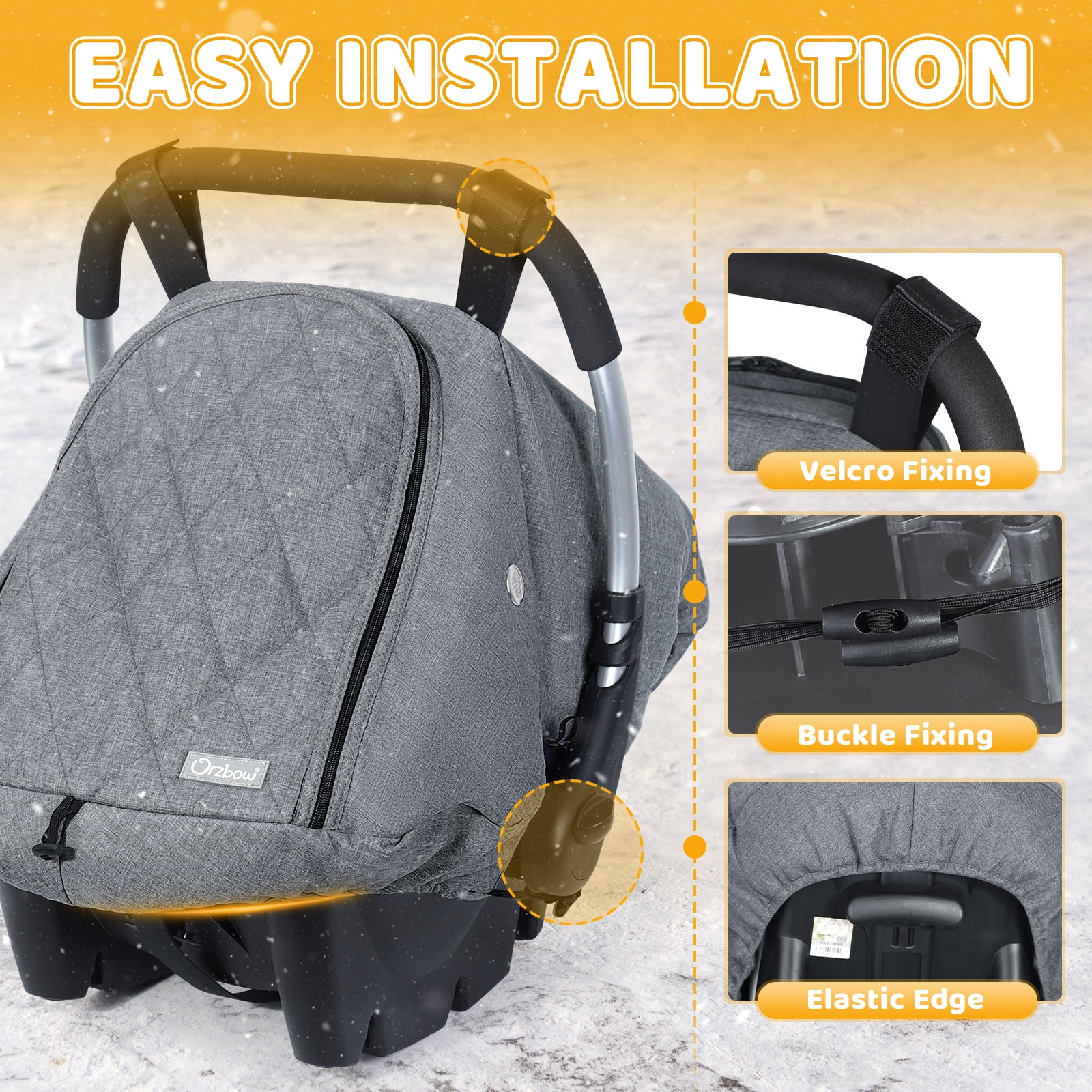 Orzbow Winter Baby Car Seat Cover with Front Zipper Door, Cold Weather Carseat Cover Canopy, Side Breathable, Rain, Snow and Wind Proof Car Seat Carrier Canopy Cover, Machine Washable, Light Grey