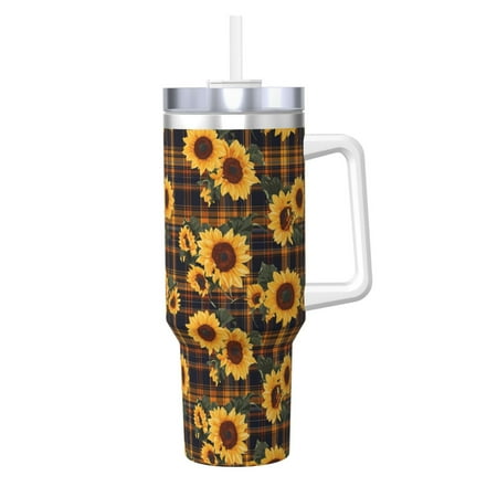 

Matuu Brown Blue Plaid Sunflower for 40OZ Ice Cup with Handle Durable Thermal Cups Keep Drinks Cold and Hot Insulated Car Mug with Lid