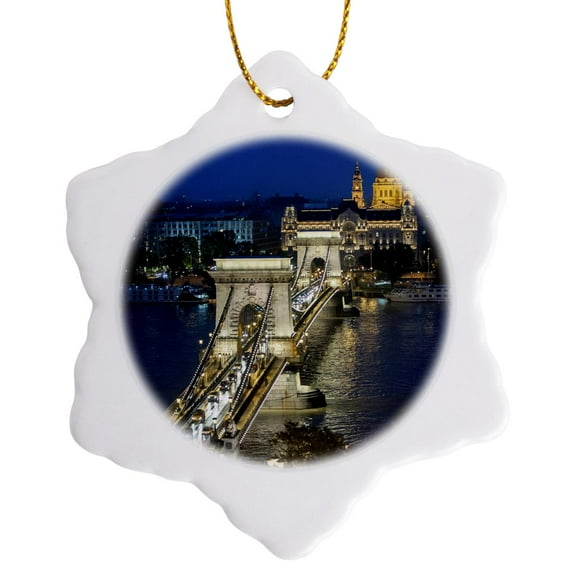 3drose, Hungary, Budapest, Chain Bridge, Danube River - Eu13 Jen0102 - Jim Engelbrecht, 3 inch Snowflake Porcelain Ornament