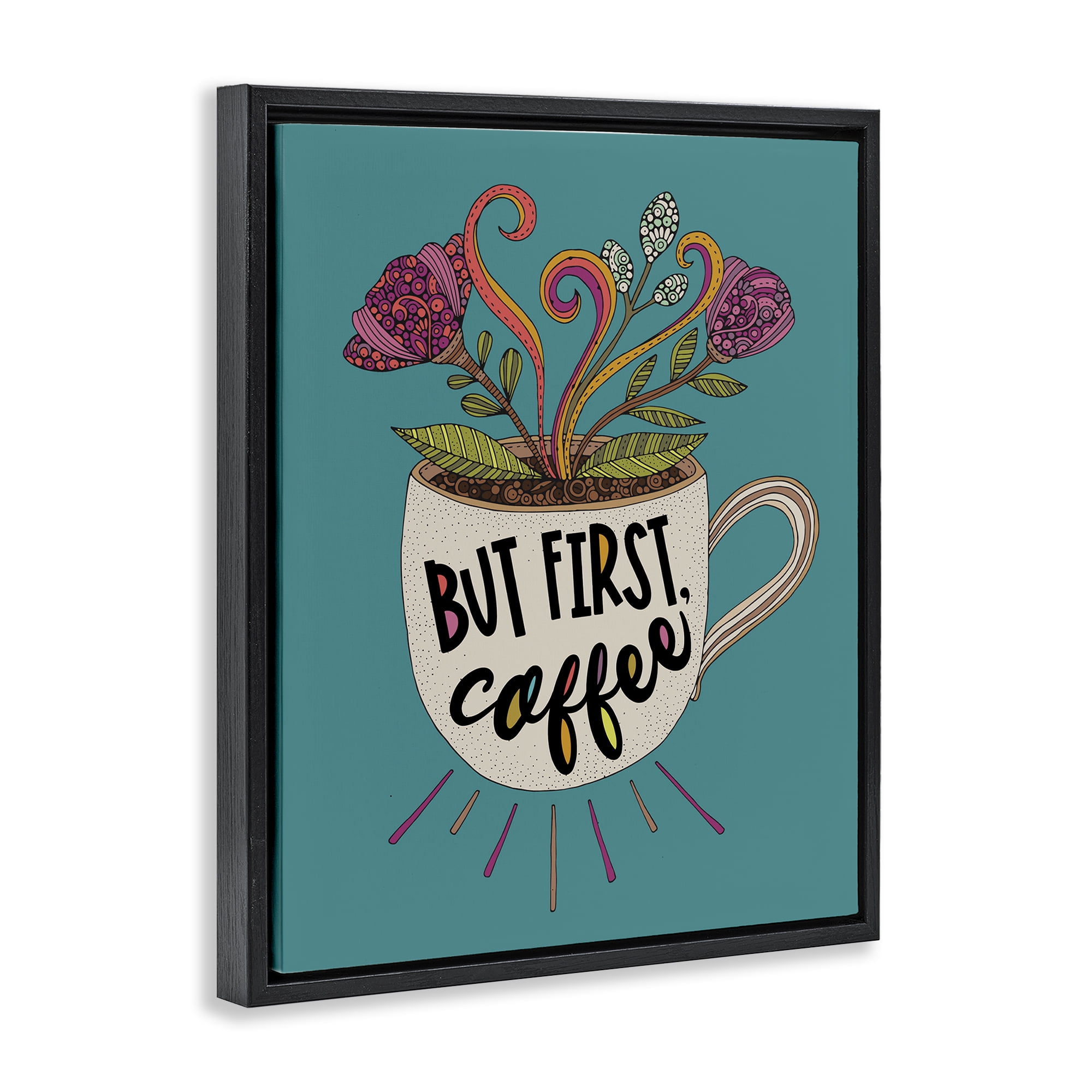 Stupell Industries First Coffee with Florals Botanical & Floral Painting Black Floater Framed Art Print Wall Art, 17 x 21