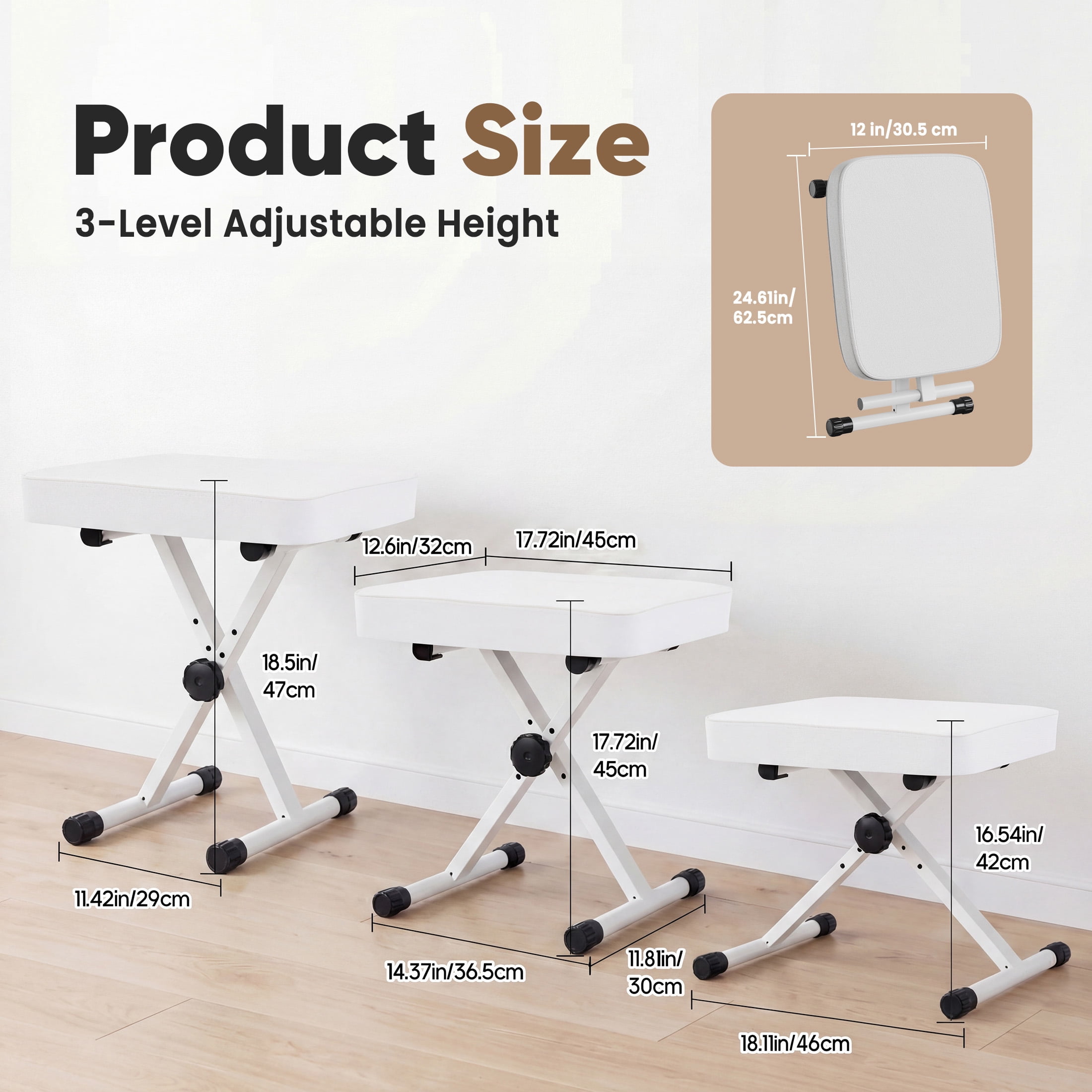 EDX Adjustable Height Piano Bench / Music Performance Stool - 3-Level Height Adjustment, Non-Skid Design,High-Density Sponge Padded, Portable & Foldable X-Style Seat, 250LBS Weight Capacity, White