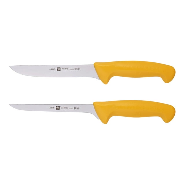 ZWILLING TWIN Master 2 Piece Knife Set with two 6.6-inch boning knives designed for professional kitchens. Features precision-stamped high carbon stainless steel blades, ergonomic yellow non-slip handles, and FDA & NSF approval. Includes a semiflexible and stiff blade for versatile meat preparation. Dishwasher safe.