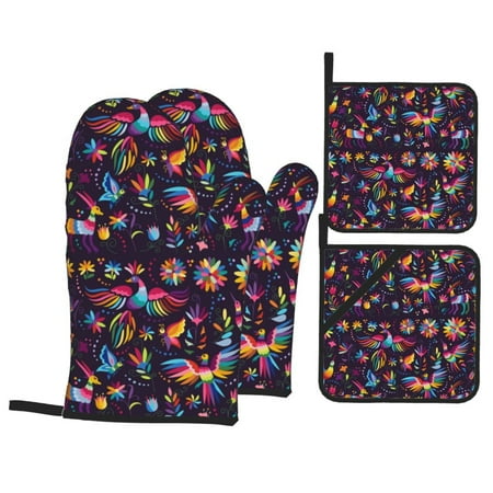 

Oven Mitts and Pot Holders 4 Piece Mexican Flowers Birds High Heat Slip Resistant Oven Mitt and Trivets Set Kitchen Oven Glove Pot Holders for Cooking Baking Grilling