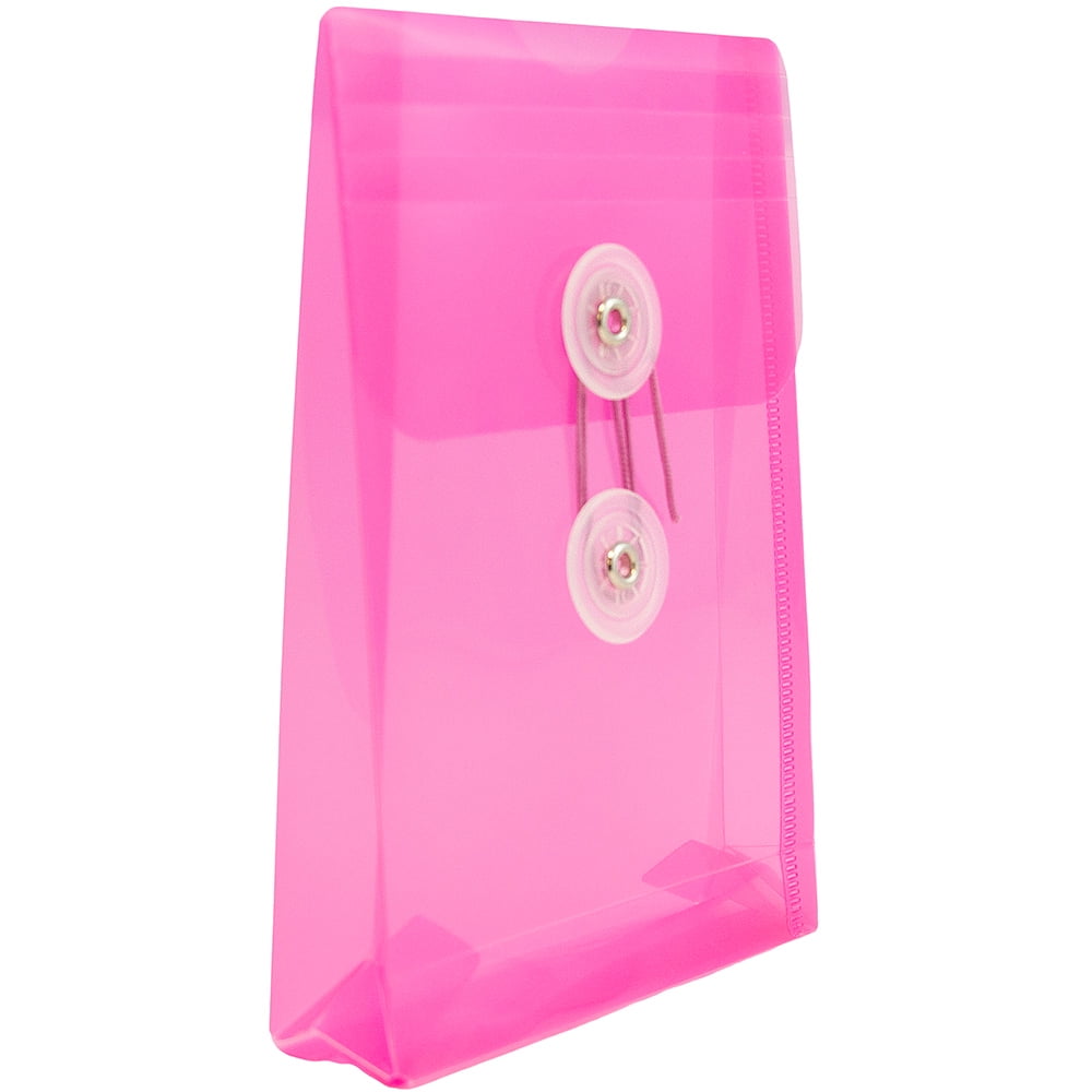 JAM Paper Plastic Envelopes with Button & String Tie Closure, 4 1/4 x 6 1/4, Fuchsia Pink, 3/Pack