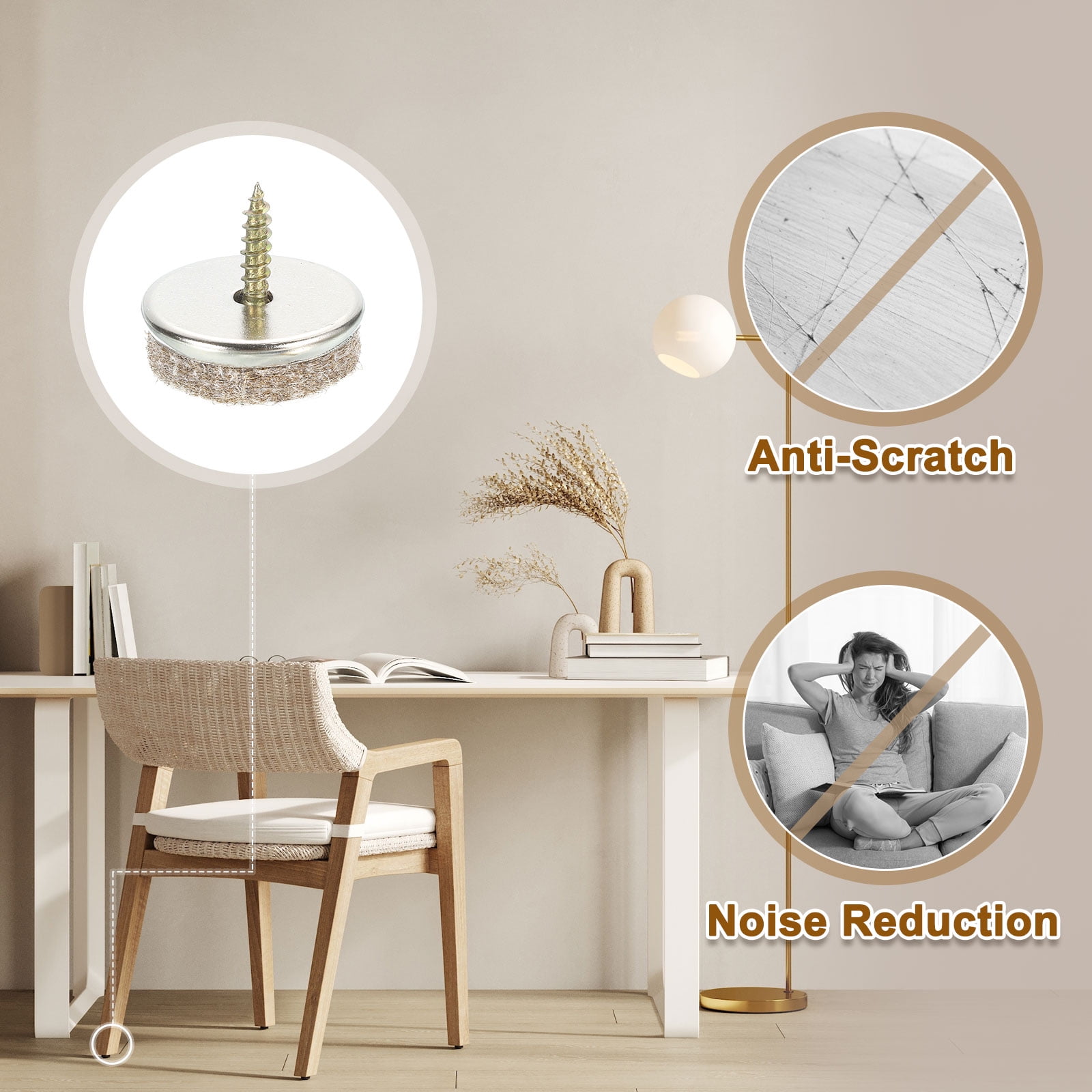Nail-on Furniture Sliders, 24Pack Nail-on Felt Pad Round Chair Table Feet Pads Chair Leg Floor Protectors for Hardwood Floors (Beige, 28mm/1.1")