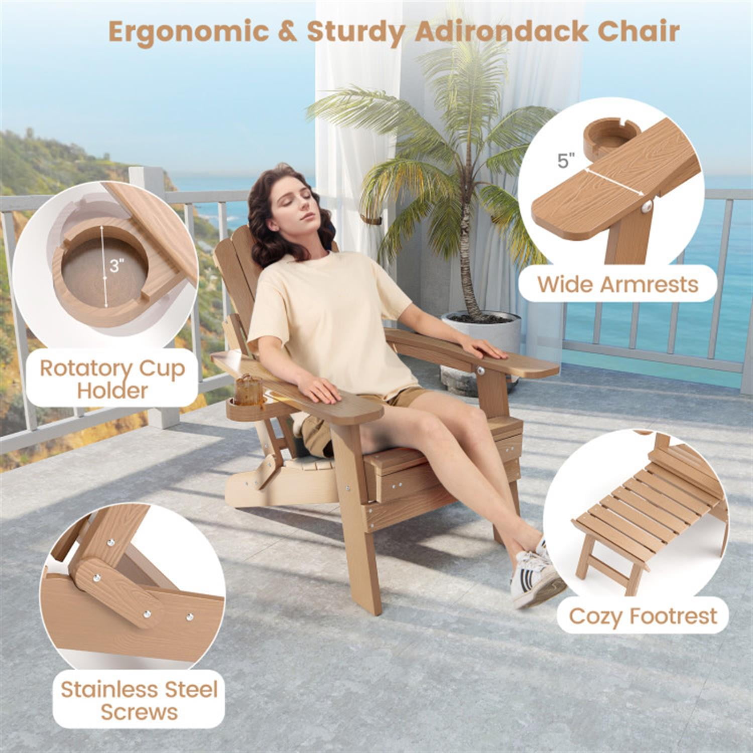 Demi Bonn All-Weather HIPS Patio Adirondack Lounge Chair with Retractable Footrest, Outdoor Accent Furniture Lounge Chairs for Yard, Garden, Brown