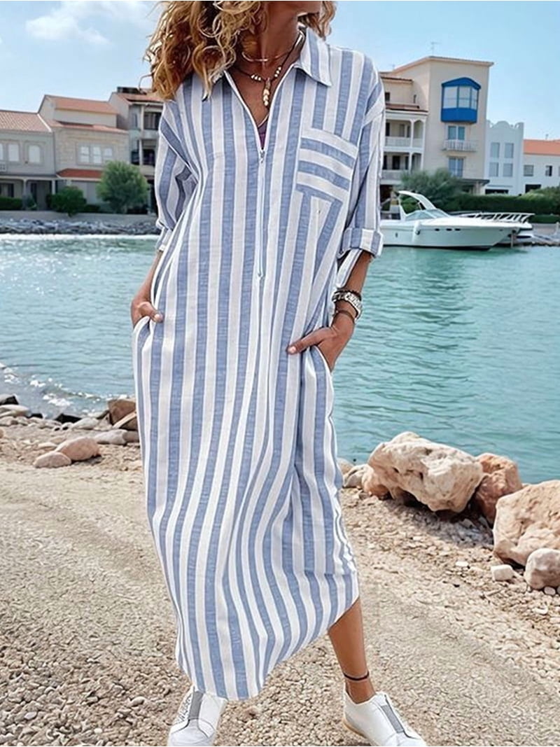 bohemia striped shirt maxi dress Women'S Summer 3/4 Sleeve Business Casual Half Zipper Long Beach Dress Dark Green L Womens Summer Fashionable Casual spring_occasion 3 fall lipstick/outfit combination color:Olive