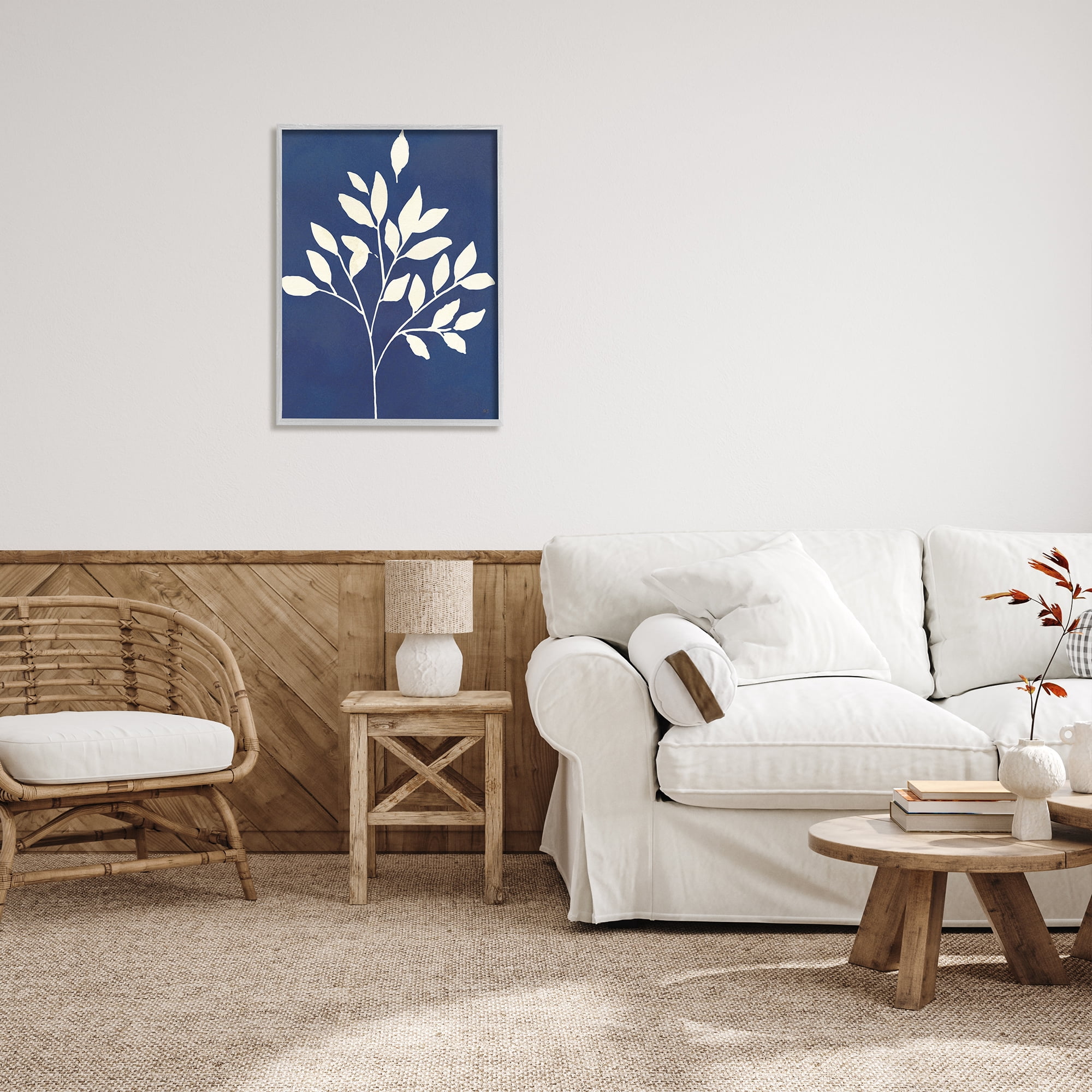 Stupell Industries Modern Leaf Sprig Botanical Abstract Stencil Shape Graphic Art Gray Framed Art Print Wall Art, Design by Susan Jill