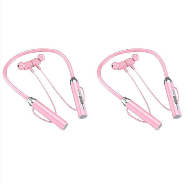 2X Auriculares Inalámbricos Bluetooth Tipo de Cuello Reducción de Ruido Estéreo Tarjeta de Conexión Universal Auriculares Deportivos Micrófono, Rosa
