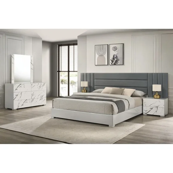5-Piece California King Gray Wood Modern Lacquer Bedroom Set with Marble Laminate