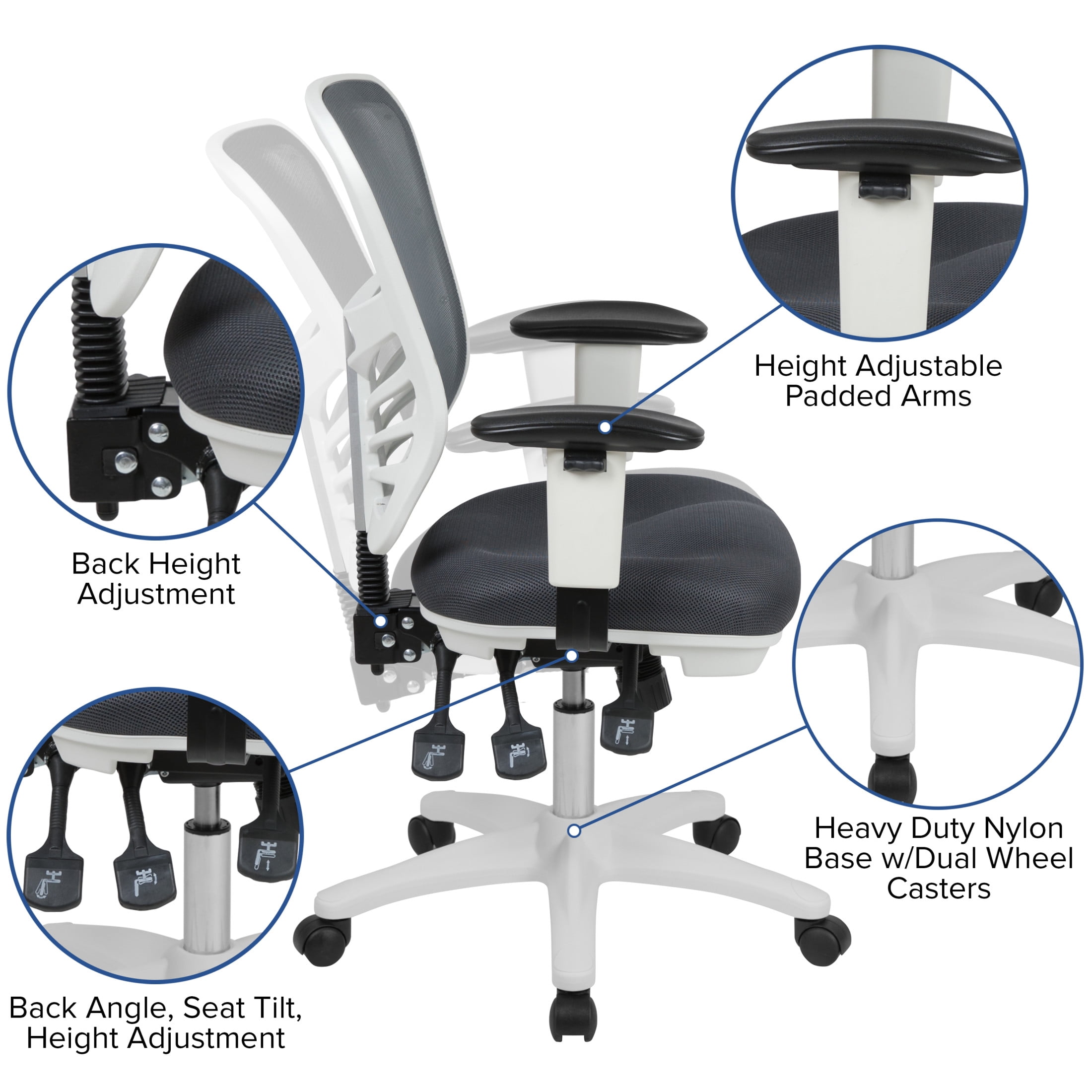 Flash Furniture Nicholas Mid-Back Dark Gray Mesh Multifunction Executive Swivel Ergonomic Office Chair with Adjustable Arms and White Frame
